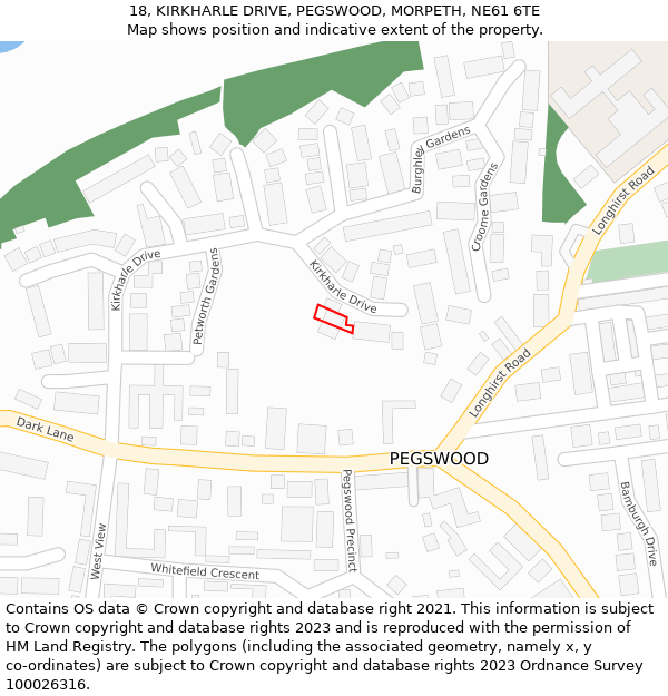 18, KIRKHARLE DRIVE, PEGSWOOD, MORPETH, NE61 6TE: Location map and indicative extent of plot