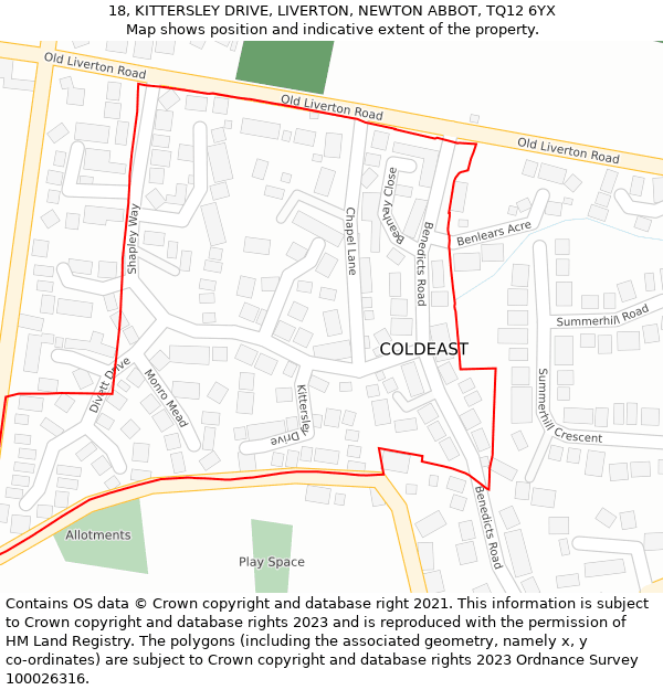 18, KITTERSLEY DRIVE, LIVERTON, NEWTON ABBOT, TQ12 6YX: Location map and indicative extent of plot