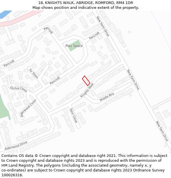 18, KNIGHTS WALK, ABRIDGE, ROMFORD, RM4 1DR: Location map and indicative extent of plot