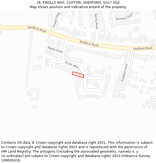 18, KNOLLS WAY, CLIFTON, SHEFFORD, SG17 5QZ: Location map and indicative extent of plot