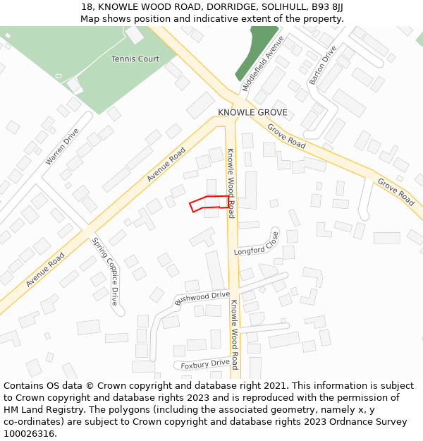 18, KNOWLE WOOD ROAD, DORRIDGE, SOLIHULL, B93 8JJ: Location map and indicative extent of plot