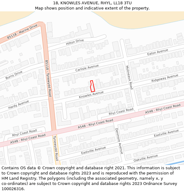 18, KNOWLES AVENUE, RHYL, LL18 3TU: Location map and indicative extent of plot