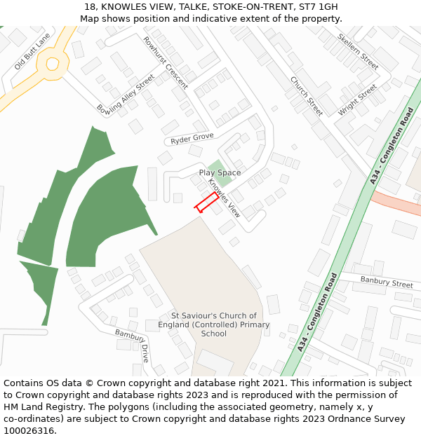 18, KNOWLES VIEW, TALKE, STOKE-ON-TRENT, ST7 1GH: Location map and indicative extent of plot