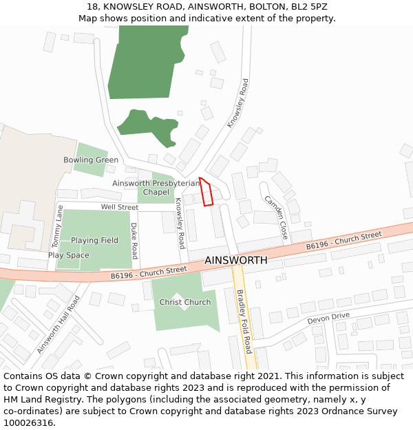 18, KNOWSLEY ROAD, AINSWORTH, BOLTON, BL2 5PZ: Location map and indicative extent of plot
