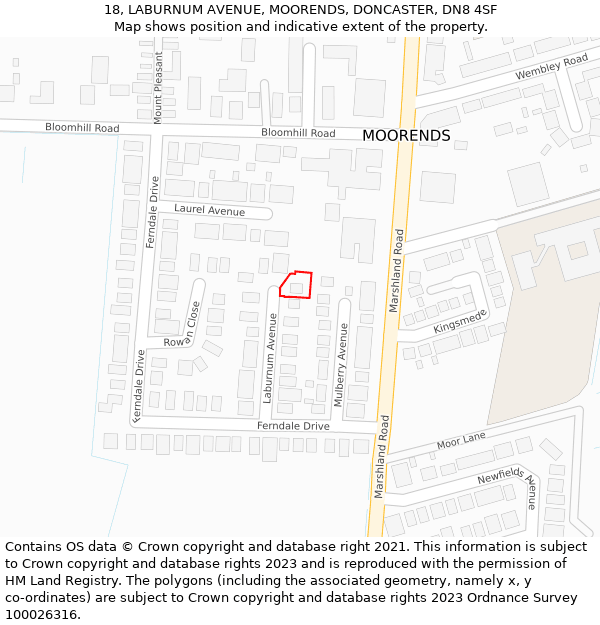 18, LABURNUM AVENUE, MOORENDS, DONCASTER, DN8 4SF: Location map and indicative extent of plot