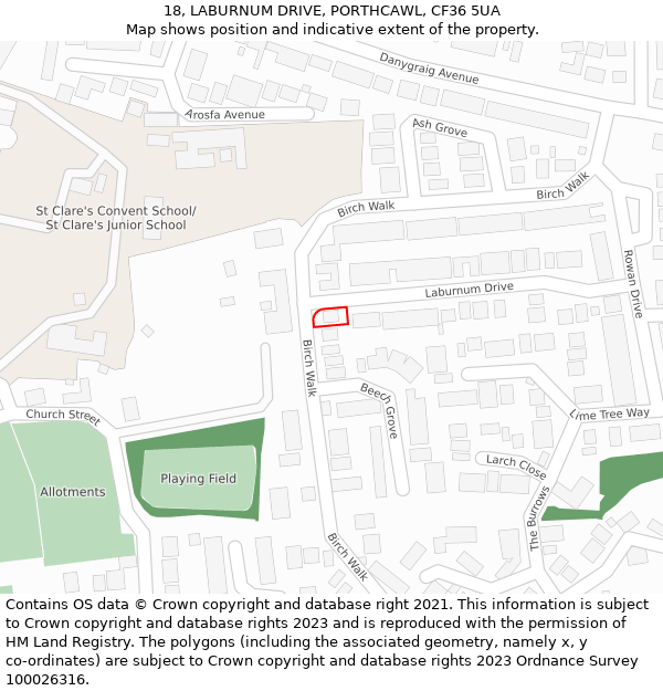 18, LABURNUM DRIVE, PORTHCAWL, CF36 5UA: Location map and indicative extent of plot