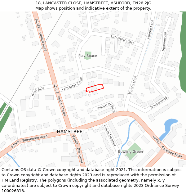 18, LANCASTER CLOSE, HAMSTREET, ASHFORD, TN26 2JG: Location map and indicative extent of plot