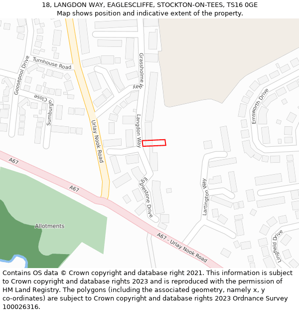 18, LANGDON WAY, EAGLESCLIFFE, STOCKTON-ON-TEES, TS16 0GE: Location map and indicative extent of plot