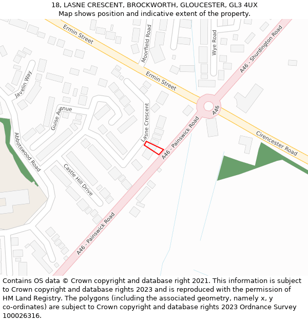 18, LASNE CRESCENT, BROCKWORTH, GLOUCESTER, GL3 4UX: Location map and indicative extent of plot