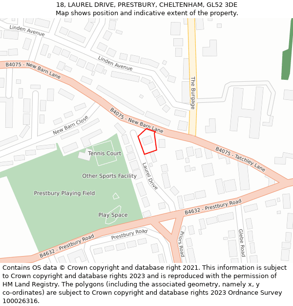 18, LAUREL DRIVE, PRESTBURY, CHELTENHAM, GL52 3DE: Location map and indicative extent of plot