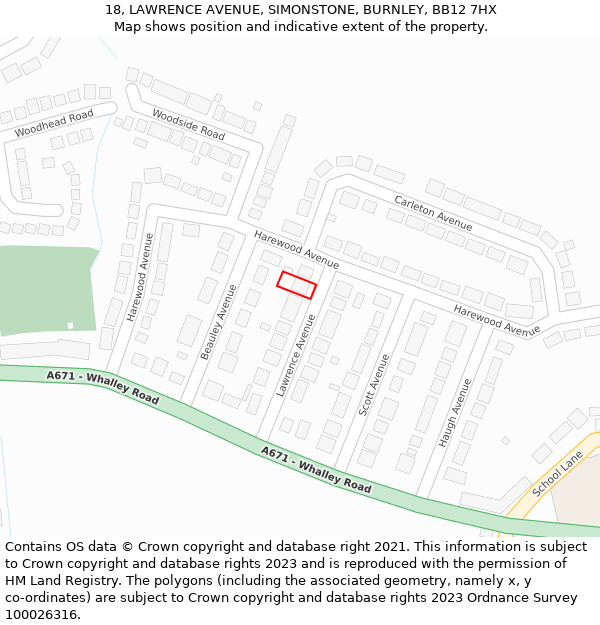 18, LAWRENCE AVENUE, SIMONSTONE, BURNLEY, BB12 7HX: Location map and indicative extent of plot