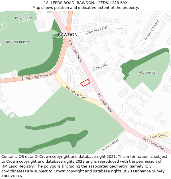 18, LEEDS ROAD, RAWDON, LEEDS, LS19 6AX: Location map and indicative extent of plot