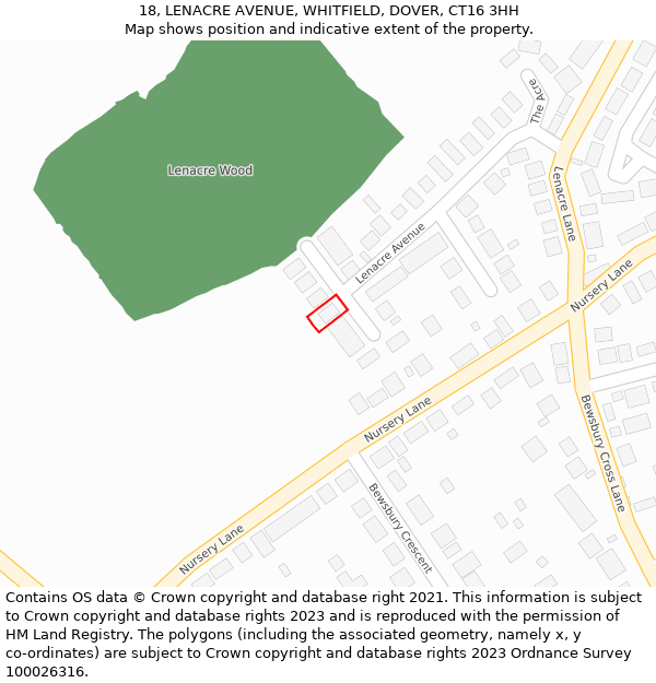 18, LENACRE AVENUE, WHITFIELD, DOVER, CT16 3HH: Location map and indicative extent of plot