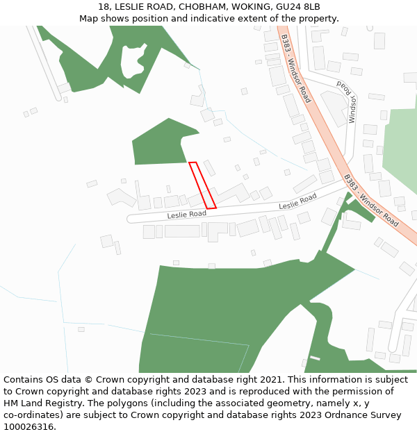 18, LESLIE ROAD, CHOBHAM, WOKING, GU24 8LB: Location map and indicative extent of plot