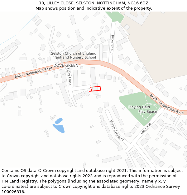 18, LILLEY CLOSE, SELSTON, NOTTINGHAM, NG16 6DZ: Location map and indicative extent of plot