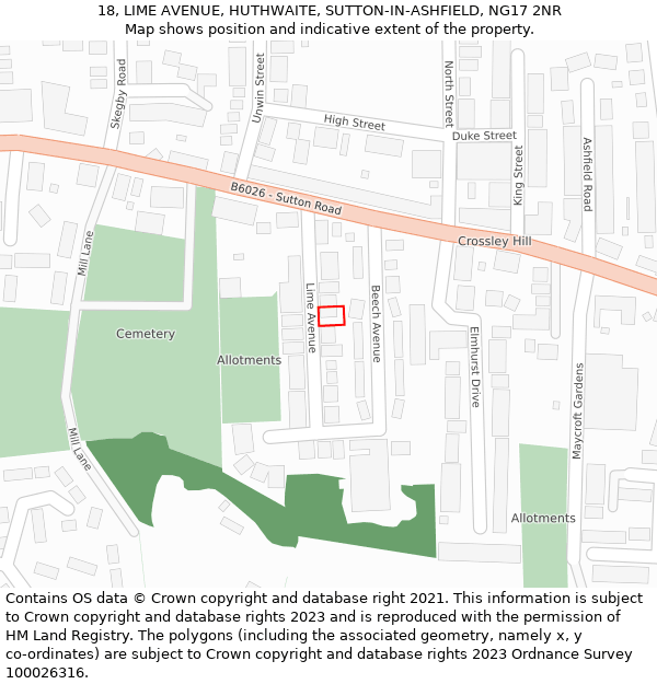 18, LIME AVENUE, HUTHWAITE, SUTTON-IN-ASHFIELD, NG17 2NR: Location map and indicative extent of plot