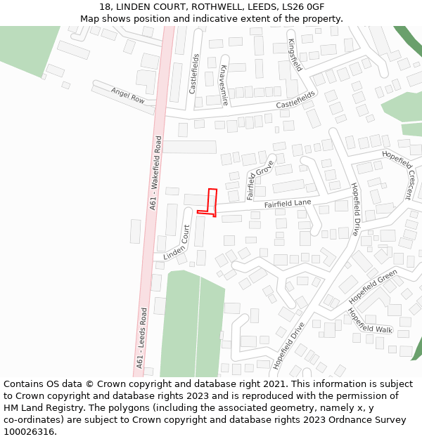 18, LINDEN COURT, ROTHWELL, LEEDS, LS26 0GF: Location map and indicative extent of plot