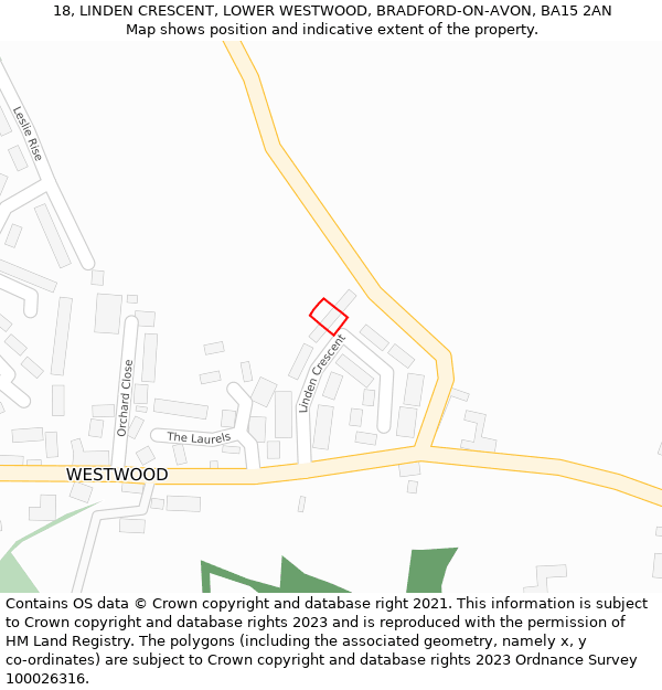 18, LINDEN CRESCENT, LOWER WESTWOOD, BRADFORD-ON-AVON, BA15 2AN: Location map and indicative extent of plot