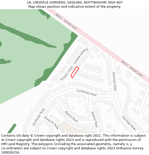 18, LINSDALE GARDENS, GEDLING, NOTTINGHAM, NG4 4GY: Location map and indicative extent of plot