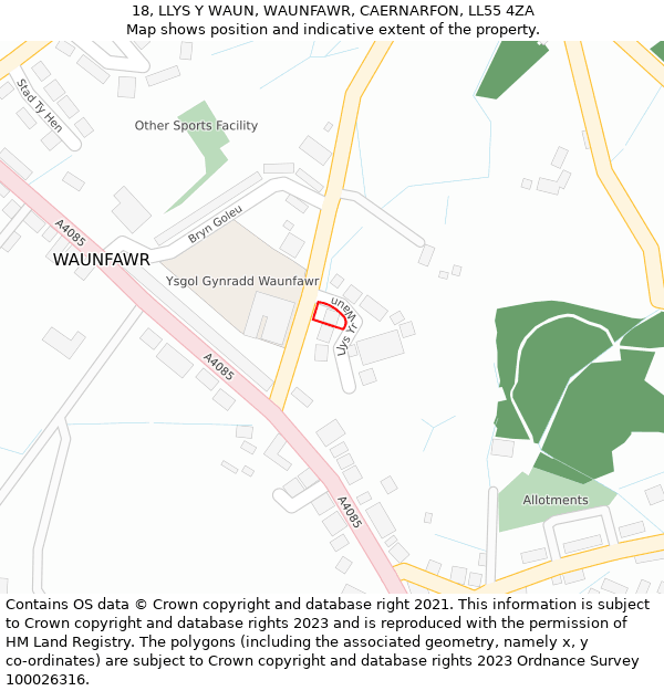 18, LLYS Y WAUN, WAUNFAWR, CAERNARFON, LL55 4ZA: Location map and indicative extent of plot