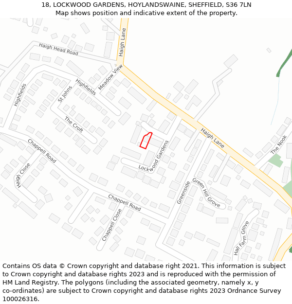 18, LOCKWOOD GARDENS, HOYLANDSWAINE, SHEFFIELD, S36 7LN: Location map and indicative extent of plot