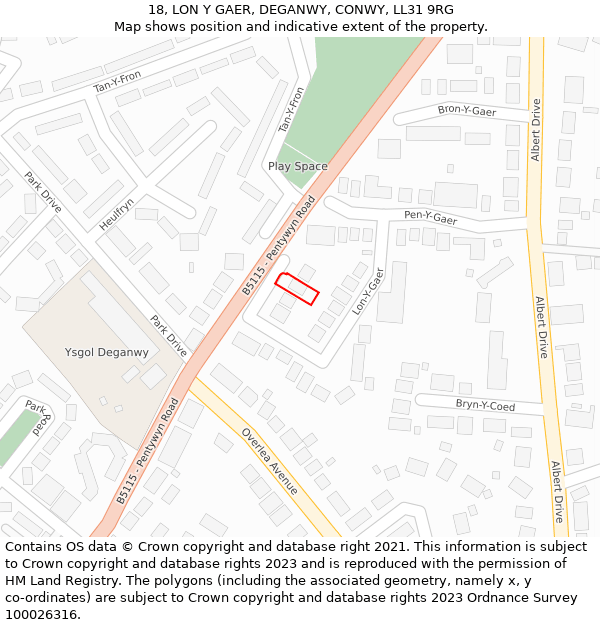 18, LON Y GAER, DEGANWY, CONWY, LL31 9RG: Location map and indicative extent of plot