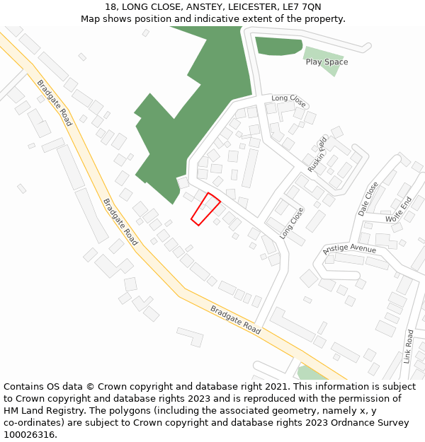 18, LONG CLOSE, ANSTEY, LEICESTER, LE7 7QN: Location map and indicative extent of plot