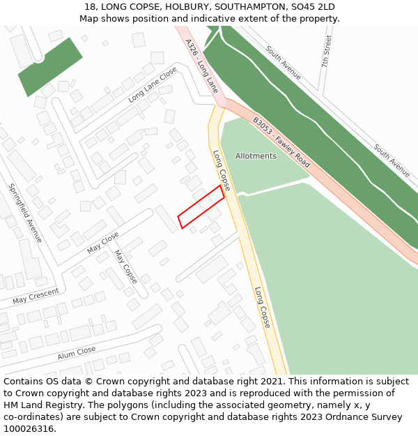 18, LONG COPSE, HOLBURY, SOUTHAMPTON, SO45 2LD: Location map and indicative extent of plot