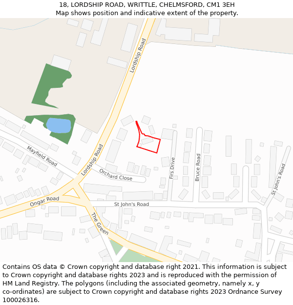 18, LORDSHIP ROAD, WRITTLE, CHELMSFORD, CM1 3EH: Location map and indicative extent of plot