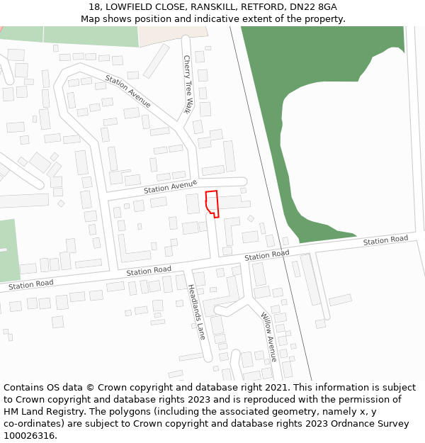 18, LOWFIELD CLOSE, RANSKILL, RETFORD, DN22 8GA: Location map and indicative extent of plot
