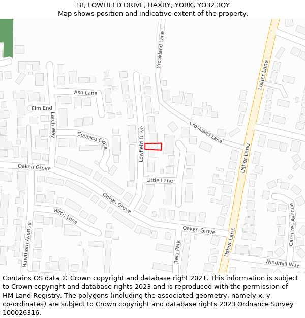 18, LOWFIELD DRIVE, HAXBY, YORK, YO32 3QY: Location map and indicative extent of plot