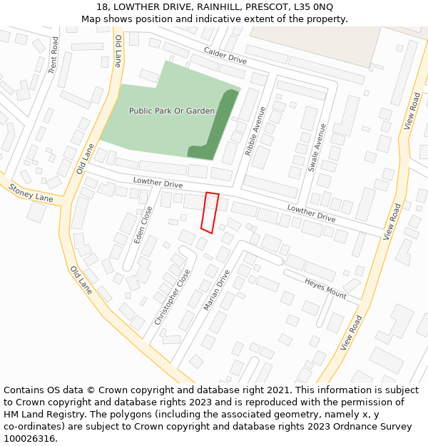 18, LOWTHER DRIVE, RAINHILL, PRESCOT, L35 0NQ: Location map and indicative extent of plot
