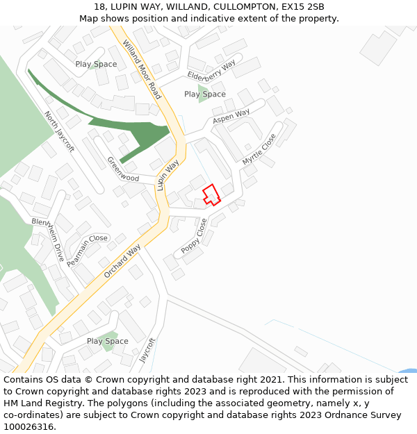 18, LUPIN WAY, WILLAND, CULLOMPTON, EX15 2SB: Location map and indicative extent of plot