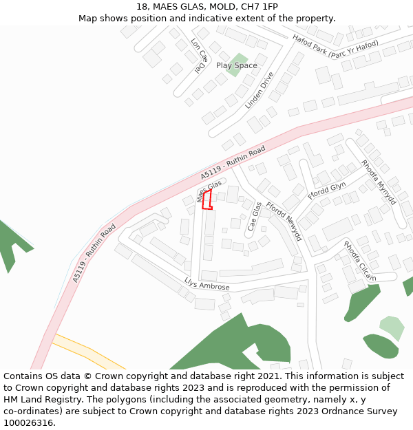 18, MAES GLAS, MOLD, CH7 1FP: Location map and indicative extent of plot