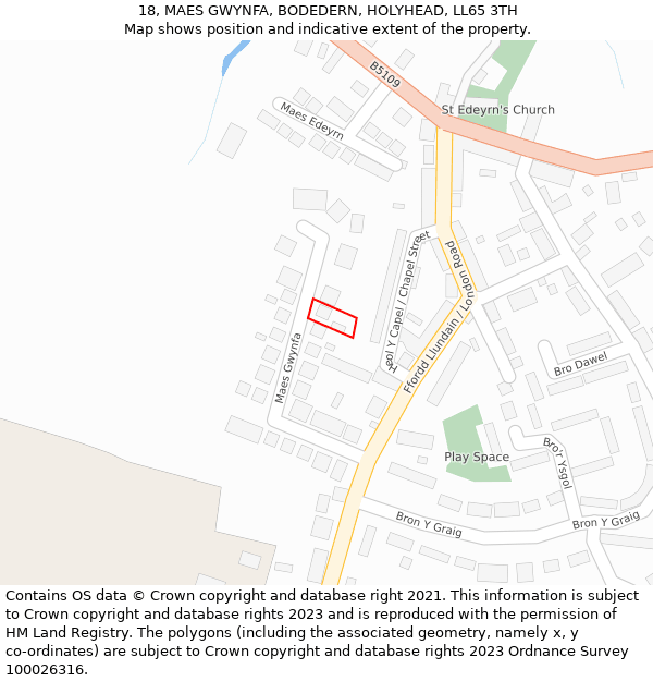 18, MAES GWYNFA, BODEDERN, HOLYHEAD, LL65 3TH: Location map and indicative extent of plot