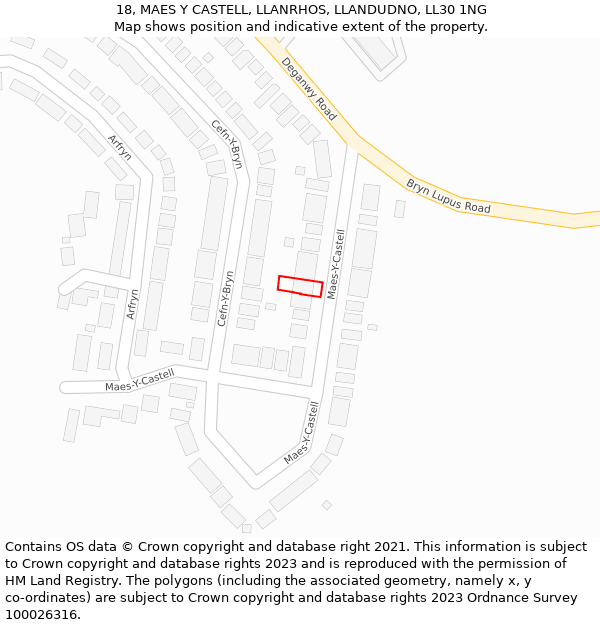 18, MAES Y CASTELL, LLANRHOS, LLANDUDNO, LL30 1NG: Location map and indicative extent of plot