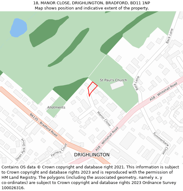 18, MANOR CLOSE, DRIGHLINGTON, BRADFORD, BD11 1NP: Location map and indicative extent of plot