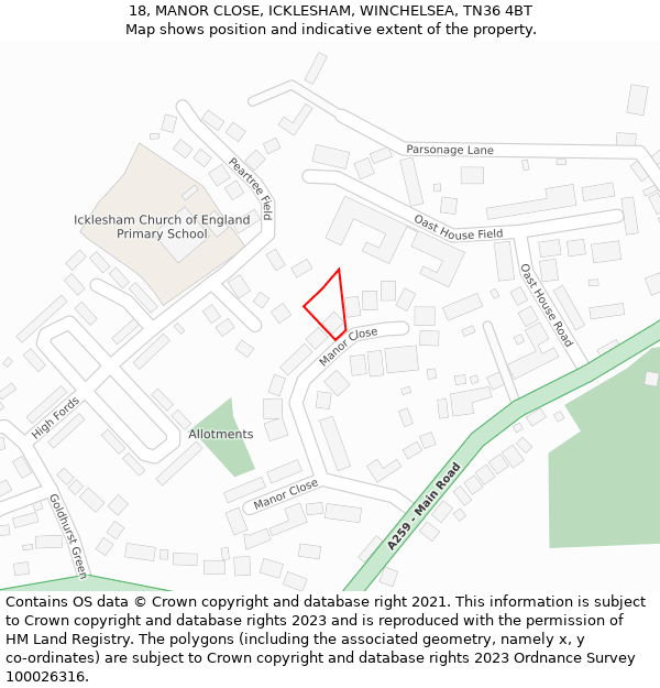 18, MANOR CLOSE, ICKLESHAM, WINCHELSEA, TN36 4BT: Location map and indicative extent of plot