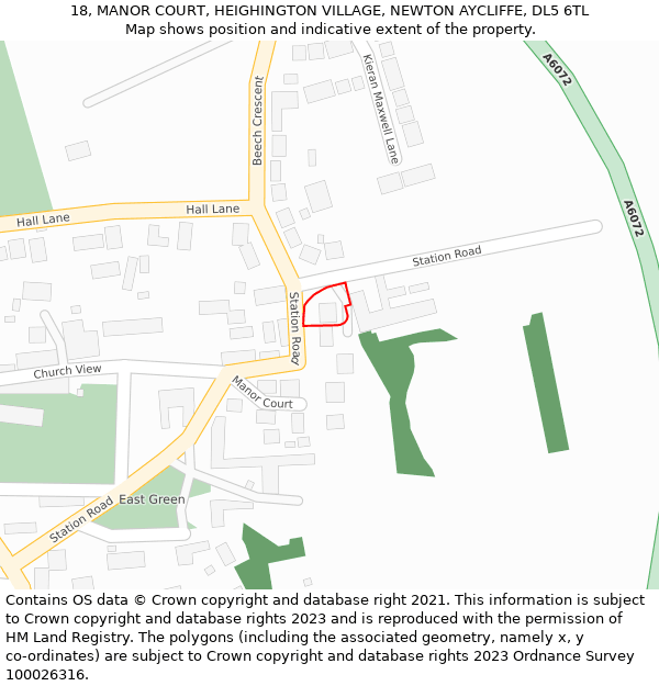 18, MANOR COURT, HEIGHINGTON VILLAGE, NEWTON AYCLIFFE, DL5 6TL: Location map and indicative extent of plot