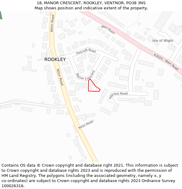 18, MANOR CRESCENT, ROOKLEY, VENTNOR, PO38 3NS: Location map and indicative extent of plot