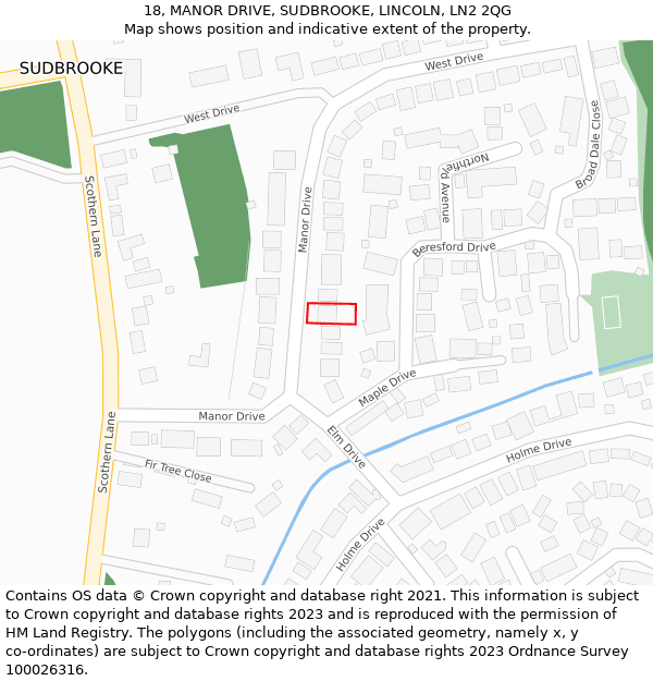 18, MANOR DRIVE, SUDBROOKE, LINCOLN, LN2 2QG: Location map and indicative extent of plot