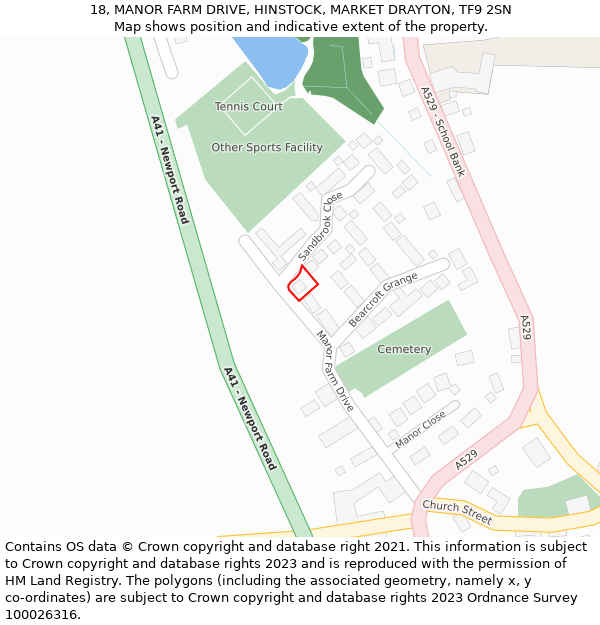 18, MANOR FARM DRIVE, HINSTOCK, MARKET DRAYTON, TF9 2SN: Location map and indicative extent of plot