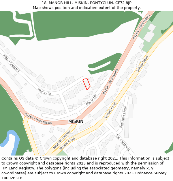 18, MANOR HILL, MISKIN, PONTYCLUN, CF72 8JP: Location map and indicative extent of plot