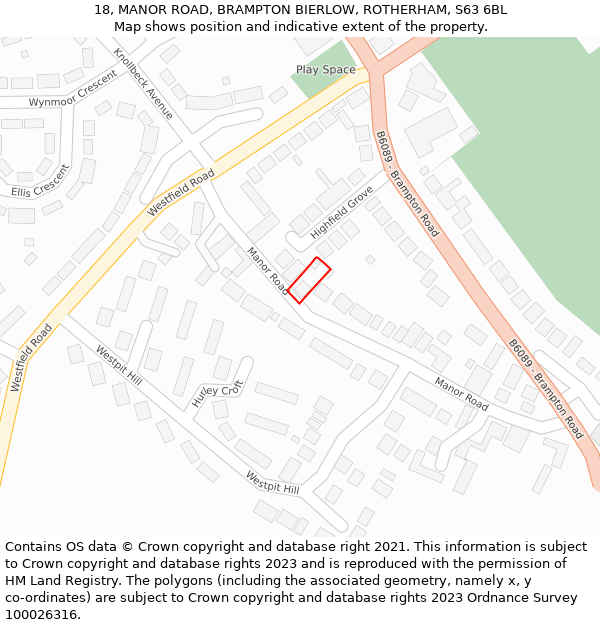 18, MANOR ROAD, BRAMPTON BIERLOW, ROTHERHAM, S63 6BL: Location map and indicative extent of plot