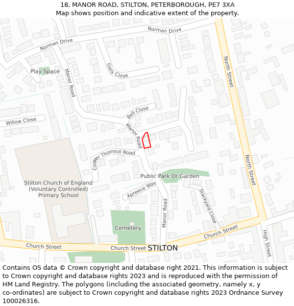 18, MANOR ROAD, STILTON, PETERBOROUGH, PE7 3XA: Location map and indicative extent of plot