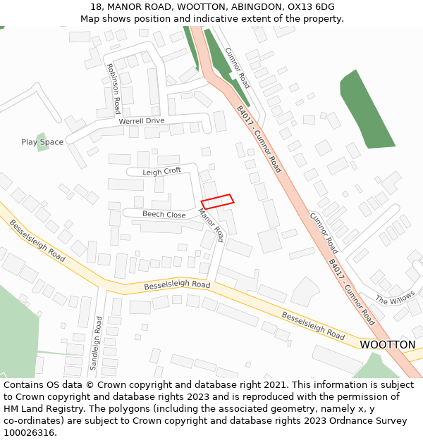 18, MANOR ROAD, WOOTTON, ABINGDON, OX13 6DG: Location map and indicative extent of plot