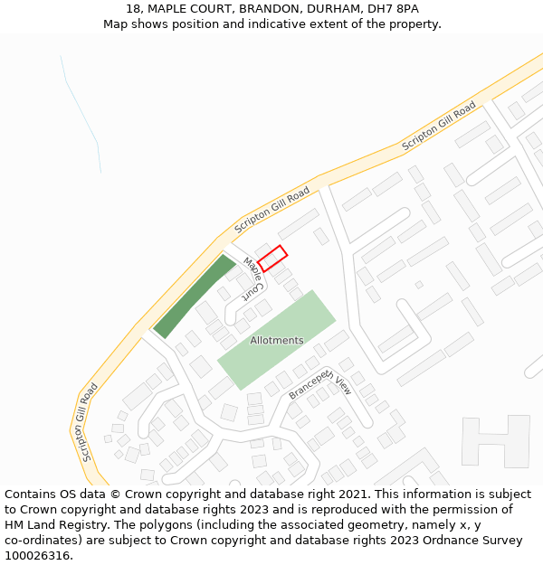 18, MAPLE COURT, BRANDON, DURHAM, DH7 8PA: Location map and indicative extent of plot