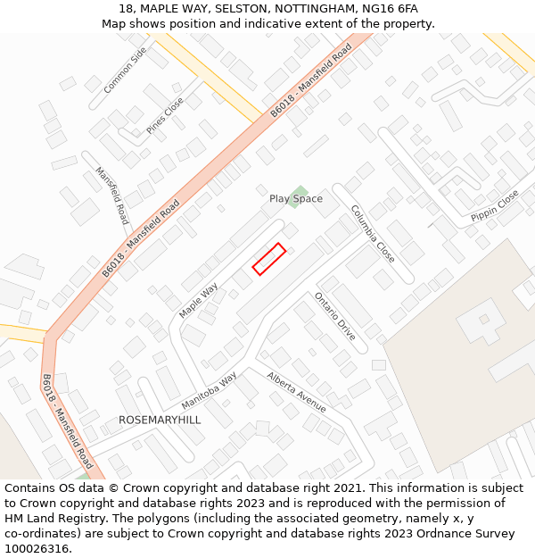 18, MAPLE WAY, SELSTON, NOTTINGHAM, NG16 6FA: Location map and indicative extent of plot