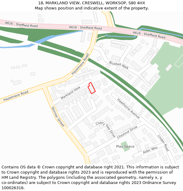 18, MARKLAND VIEW, CRESWELL, WORKSOP, S80 4HX: Location map and indicative extent of plot