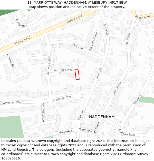 18, MARRIOTTS WAY, HADDENHAM, AYLESBURY, HP17 8BW: Location map and indicative extent of plot